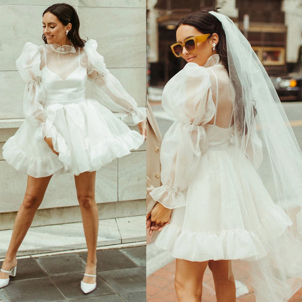 Mini Organza Long Bishop Sleeves Micro Wedding Dress