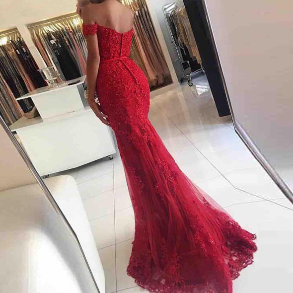 Red 2020 Prom Dresses Mermaid Off The Shoulder Beaded Lace Backless Party Maxys Long Prom Gown Evening Dresses Robe De Soiree