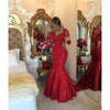 Red Prom Dresses Mermaid V-neck Long Sleeves Pearls Lace Sexy Party Maxys Long Prom Gown Evening Dresses Robe De Soiree