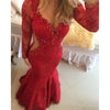Red Prom Dresses Mermaid V-neck Long Sleeves Pearls Lace Sexy Party Maxys Long Prom Gown Evening Dresses Robe De Soiree