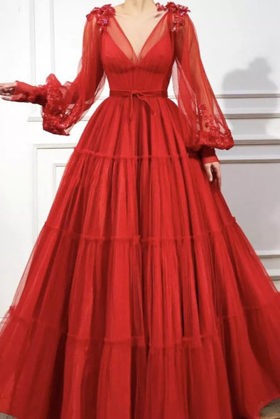 V Neck A Line Long Sleeves Fairy Evening Prom Dresses