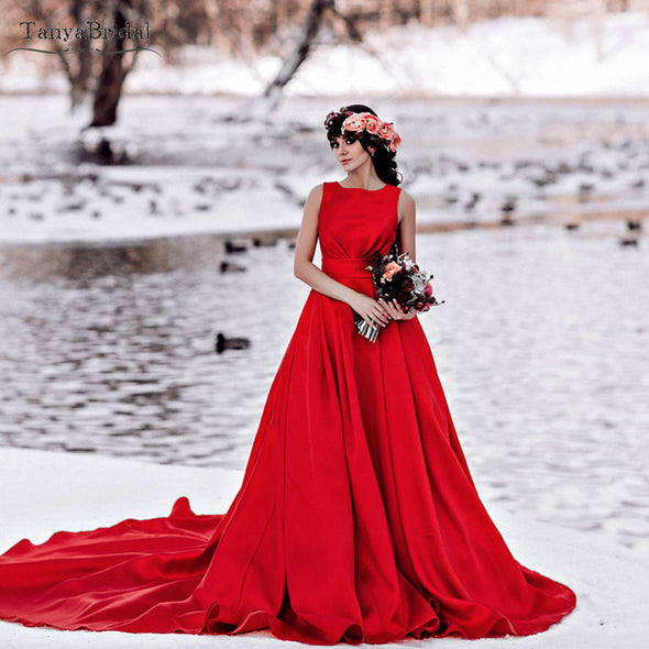 Red Satin Wedding Dresses Jewel Neck Elegant Bridal Gowns DW223
