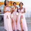 Pink Lace Bridesmaid Dresses Long See Through Appliques Wedding Party Gowns