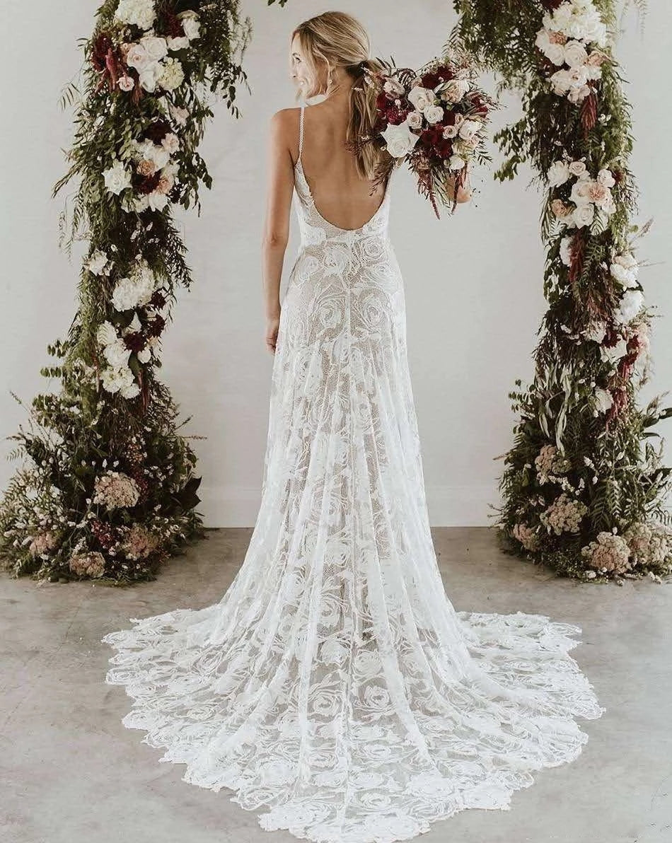 french lace low back wedding dress Romantic France Lace Boho Wedding Dress 2021 – TANYA BRIDAL