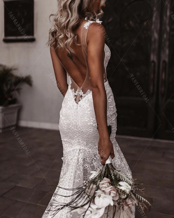 Romantic Lace Wedding Dresses Mermaid Backless Charming Noivas DW570