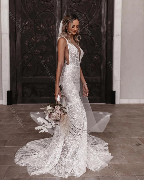 Romantic Lace Wedding Dresses Mermaid Backless Charming Noivas DW570