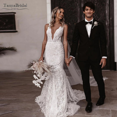 Romantic Lace Wedding Dresses Mermaid Backless Charming Noivas DW570