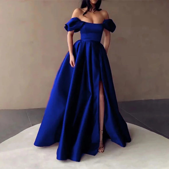 Royal Blue Satin Prom Dresses Side Split