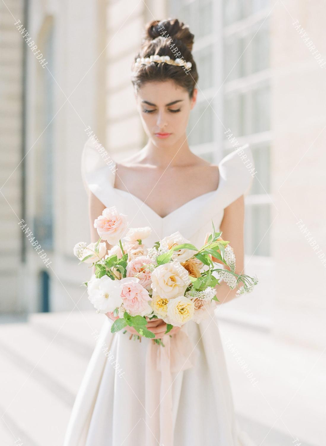 vintage simple elegant wedding dresses Ruffles Sleeve A Line Wedding Dresses Simple Satin Elegant Bridal Gown – TANYA BRIDAL