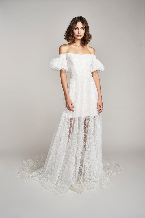 Short Puff Sleeve A Line Lace Wedding Dresses Chic ZW849
