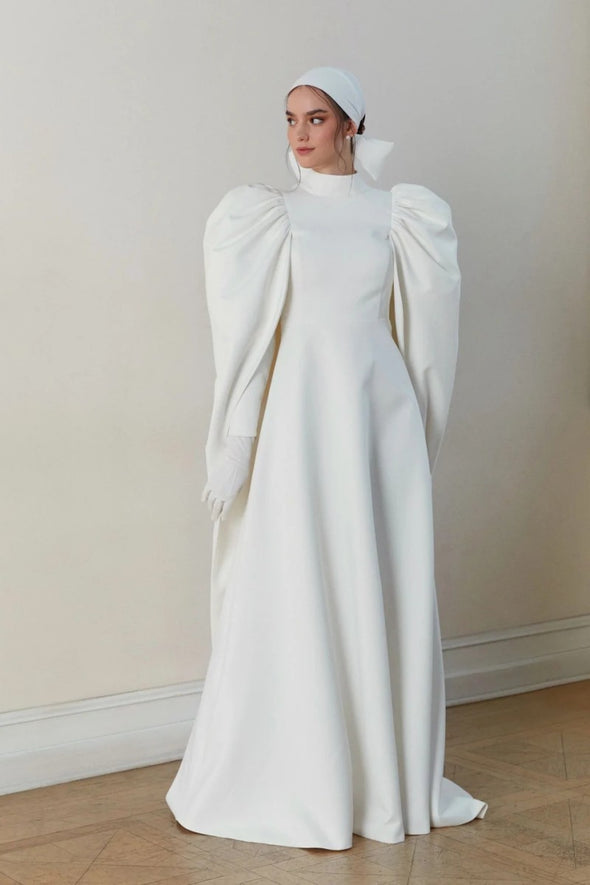 Long Sleeve A Line Wedding Dresses Super Fashion Shoulder Muslim Dress ZW887