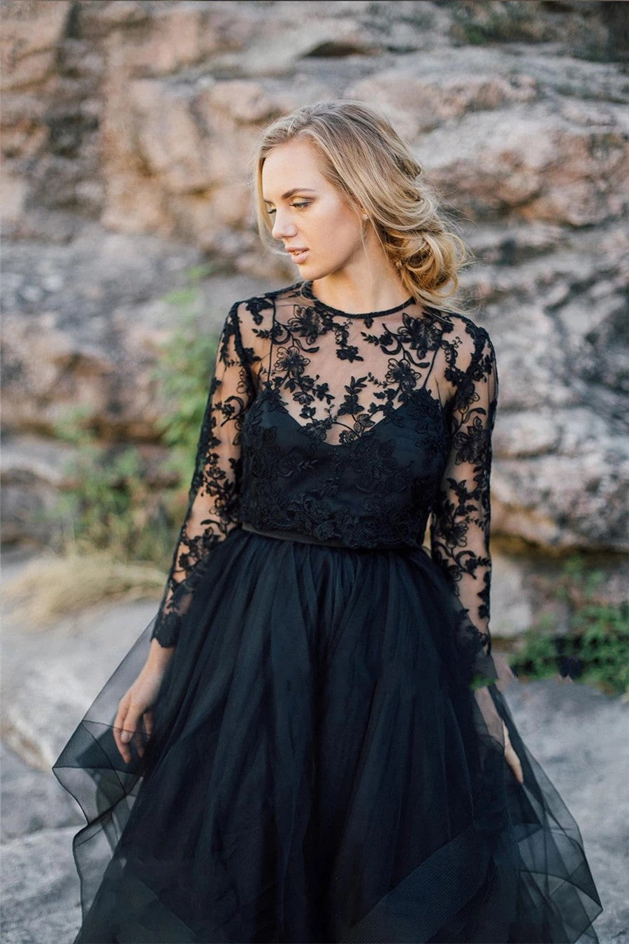 chinese dress ladies Outdoor Black Wedding Dress with Removable Lace Jacket – TANYA BRIDAL