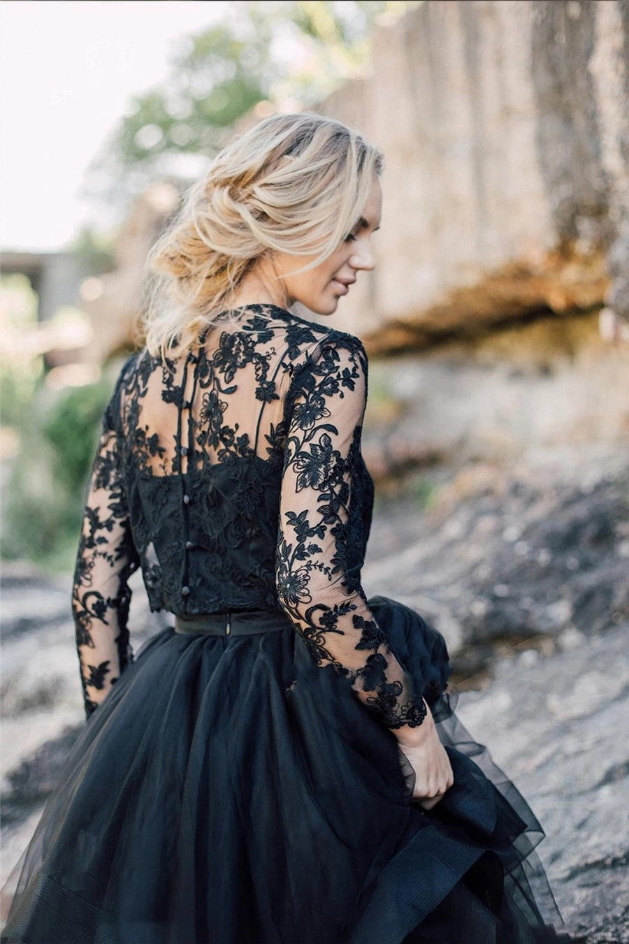 Outdoor Black Wedding Dress with Removable Lace Jacket - Outdoor Black Wedding Dress with Removable Lace Jacket -