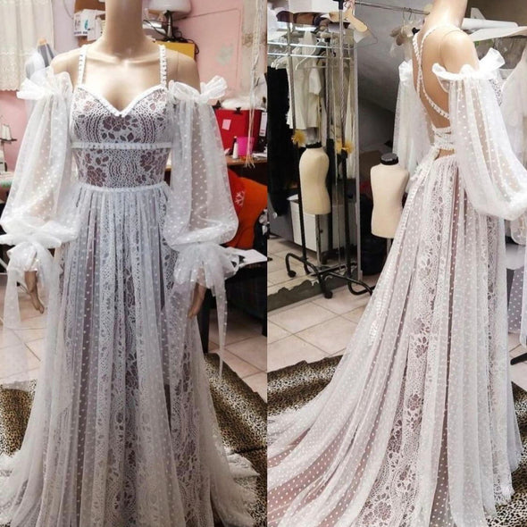 Bohemian Long Wedding Dresses A Line Dot Tulle Lace Bridal Gown