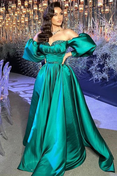 Hill Green Beadings Satin A-Line Evening Gown
