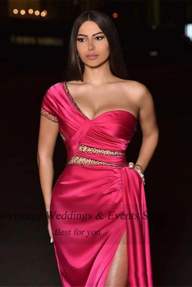 Beaded One Shoulder Dubai Prom Dresses Pleats High Split Long Evening TANYA BRIDAL Beaded One Shoulder Dubai Prom Dresses Pleats High Split Long Evening TANYA BRIDAL