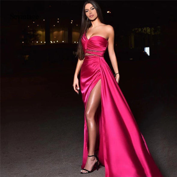 Beaded One Shoulder Dubai Prom Dresses Pleats High Split Long Evening Dress