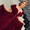 Burgundy Tea-Length Velvet Prom Dress Short Sleeves