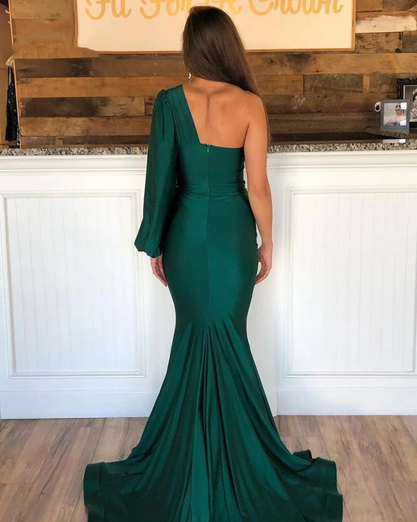 Green Mermaid Long Prom Dresses One Shoulder