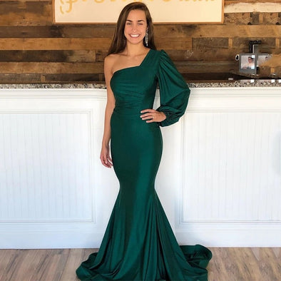 Green Mermaid Long Prom Dresses One Shoulder