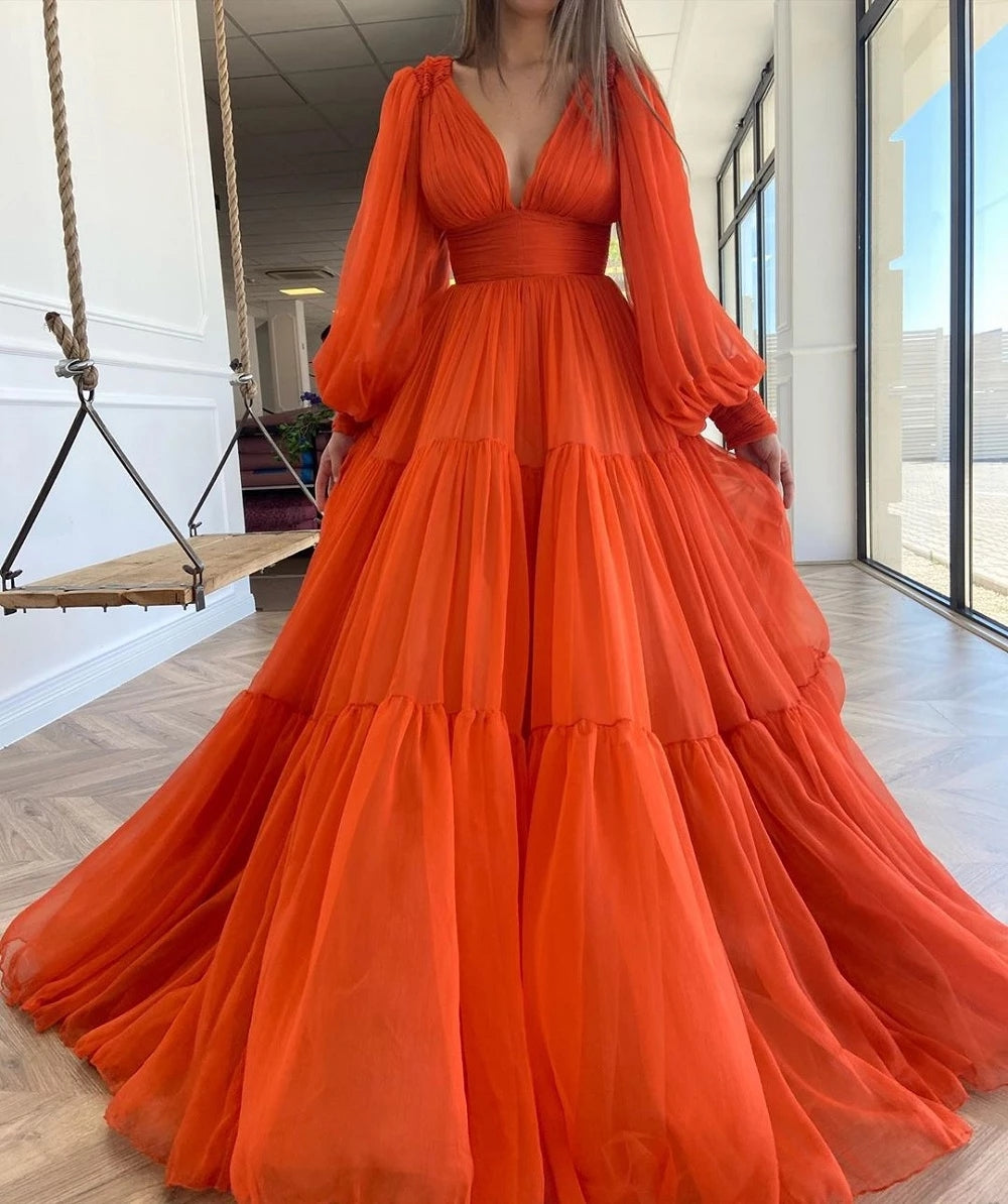 Long Puff Sleeves V-Neck Pleats Chiffon Prom Dresses – TANYA BRIDAL