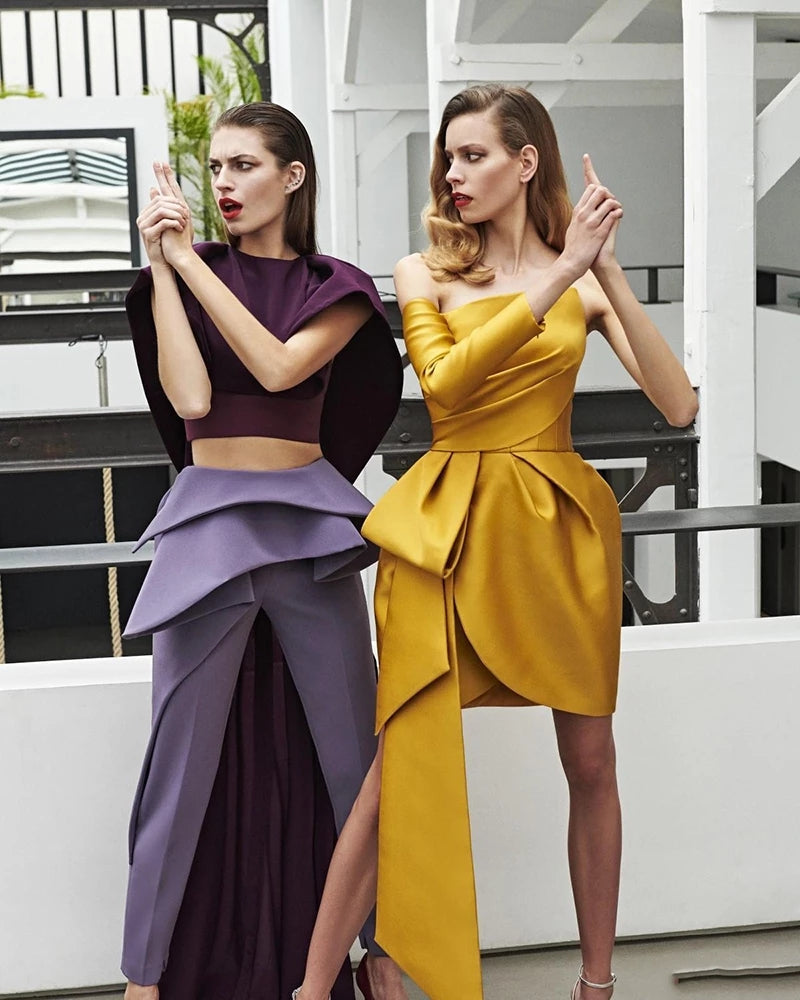 knee length dresses for ladies Satin Short Prom Dresses Pleats One Long Sleeves Cocktail Dress