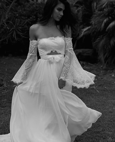 Off the Shoulder Lace Beach Flared Sleeves Boho Wedding Dress