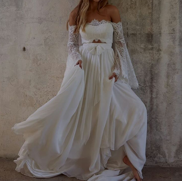 Off the Shoulder Lace Beach Flared Sleeves Boho Wedding Dress