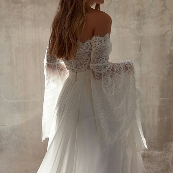 Off the Shoulder Lace Beach Flared Sleeves Boho Wedding Dress