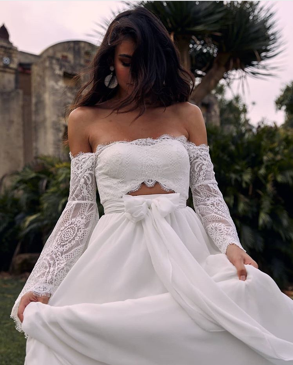 Off the Shoulder Lace Beach Flared Sleeves Boho Wedding Dress