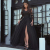 Sexy Slit Black Prom Dresses Lace Long Sleeve Elegant Formal Evening Gowns