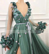 Sexy V-neck Hunter Green Side Slit Tulle A-line Prom Dresses Long Sleeve Flower Formal Evening Dress vestido formatura