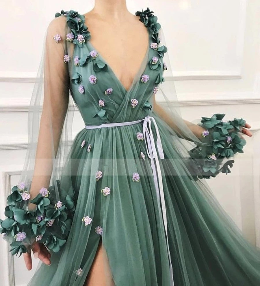 Sexy V neck Hunter Green Side Slit Tulle A line Prom Dresses Long Sleeve Flower Formal Evening Dress vestido formatura