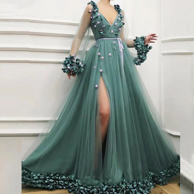 Sexy V-neck Hunter Green Side Slit Tulle A-line Prom Dresses Long Sleeve Flower Formal Evening Dress vestido formatura