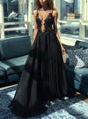 Sexy Backless Prom Dresses Illusion A-line Black Evening Dress TB1359