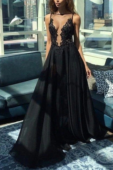 Sexy Backless Prom Dresses Illusion A-line Black Evening Dress TB1359