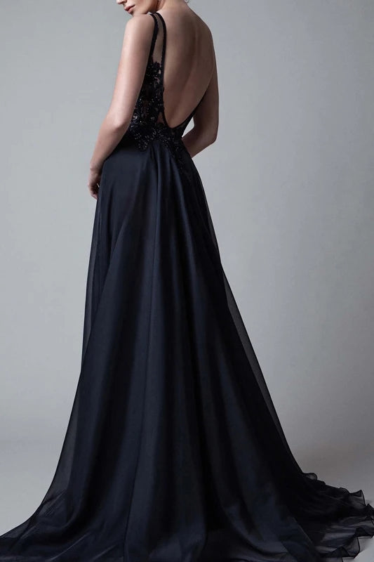 Sexy Backless Prom Dresses Illusion A-line Black Evening Dress TB1359