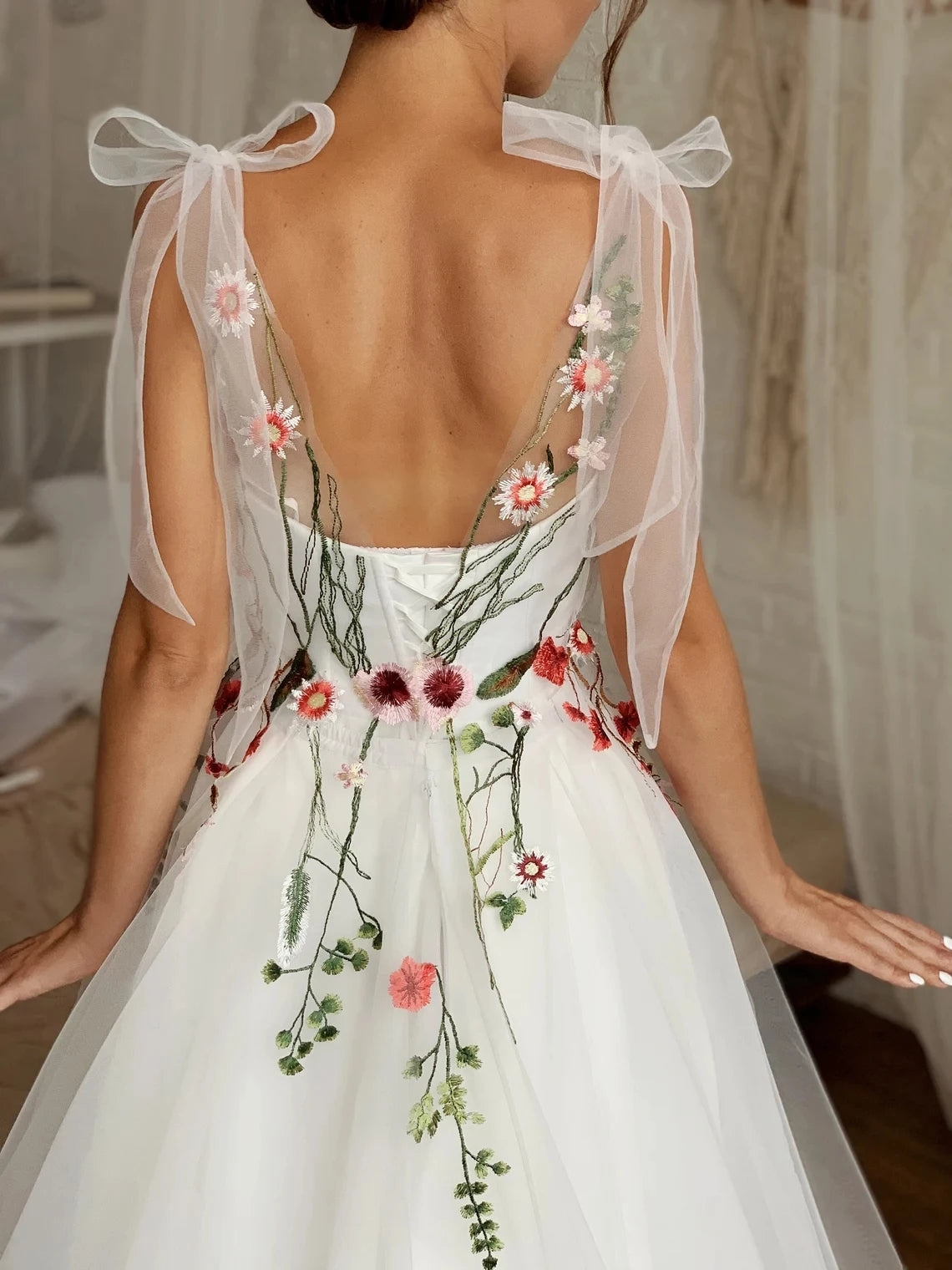 Sheer Neck A Line Colorfull Lace Wedding Dresses Chic ZW775  TANYA BRIDAL
