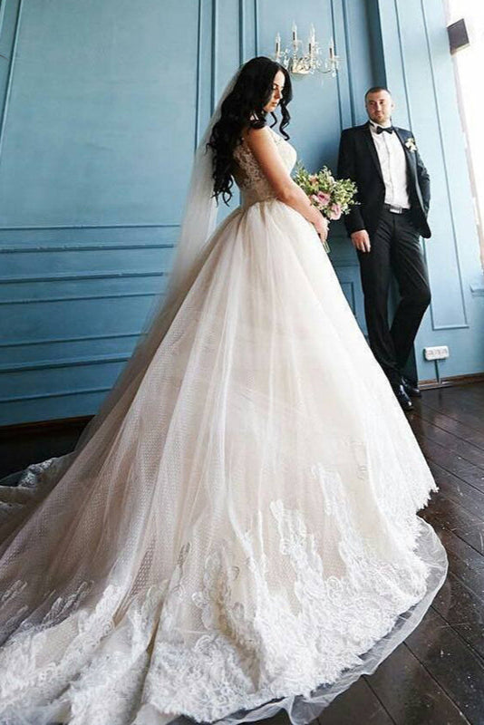 Sheer Neck A Line Wedding Dresses Lace Appliques Elegant Gorgeous Brid TANYA BRIDAL Sheer Neck A Line Wedding Dresses Lace Appliques Elegant Gorgeous Brid TANYA BRIDAL