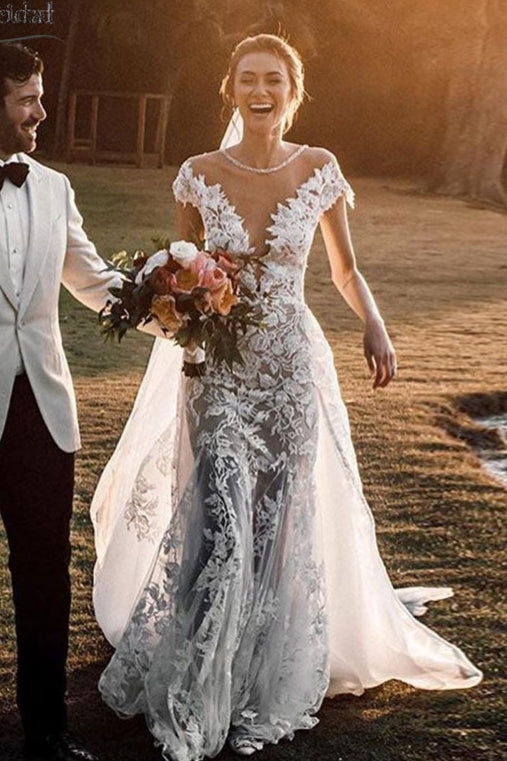 Champagne lining Mermaid Bridal Gowns with Dechable Skirt DW192 – TANYA BRIDAL
