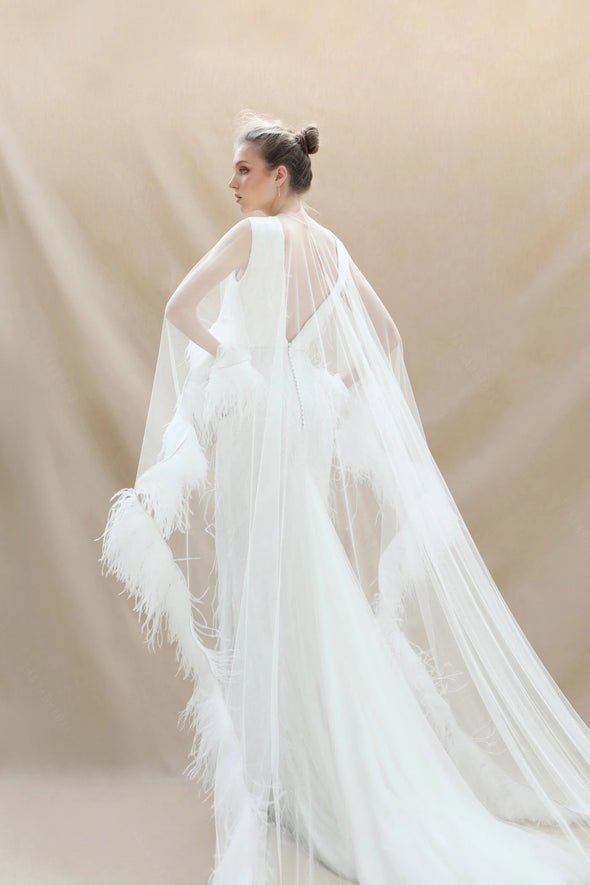 Sheer Tulle Wedding Cape Short Front Long Back With Feather
