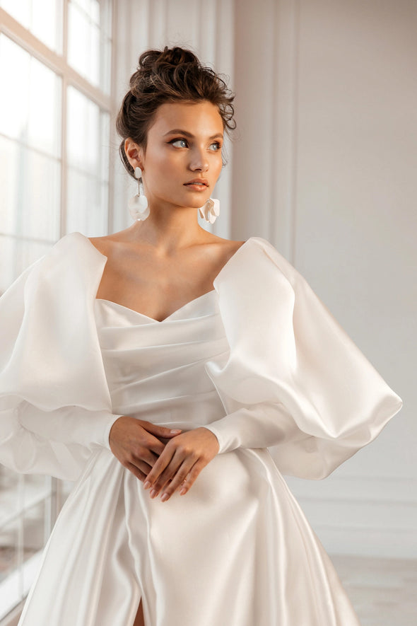 Shinny Organza Satin A Line Wedding Dresses With Puff Long Sleeves ZW799