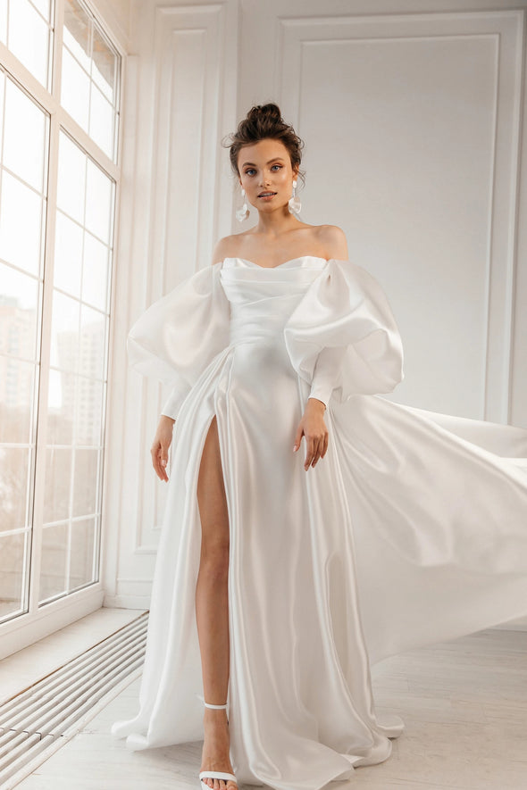 Shinny Organza Satin A Line Wedding Dresses With Puff Long Sleeves ZW799