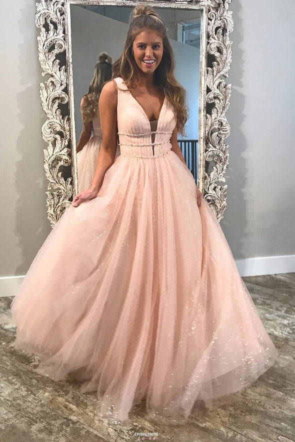 Shiny Long Prom Dress V Neck Tulle with Beading TB1357