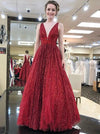 legant V neck Tulle Sequins Burgundy Long Prom Party Dress TB1360