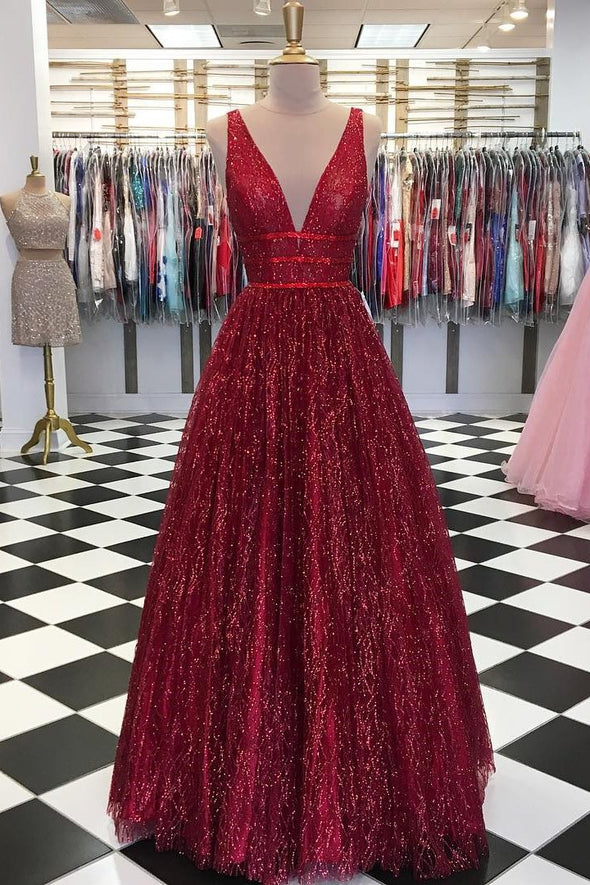 legant V neck Tulle Sequins Burgundy Long Prom Party Dress TB1360