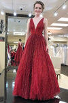 legant V neck Tulle Sequins Burgundy Long Prom Party Dress TB1360