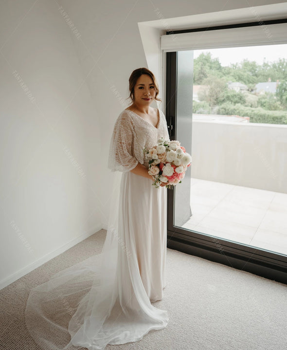 Short Flare Sleeves Wedding Dresses V-Neck Floor Length ZW457
