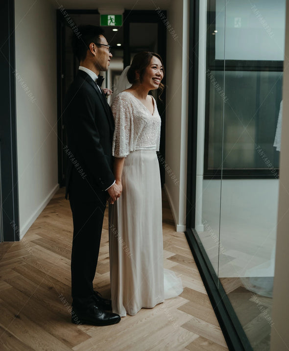 Short Flare Sleeves Wedding Dresses V-Neck Floor Length ZW457