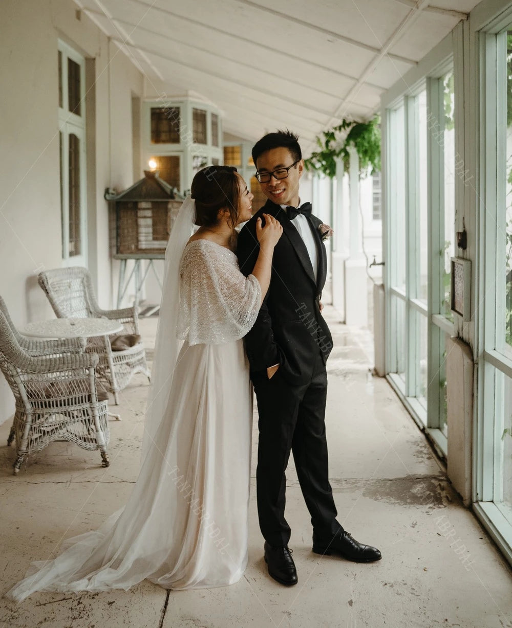 Short Flare Sleeves Wedding Dresses V-Neck Floor Length ZW457 – TANYA BRIDAL